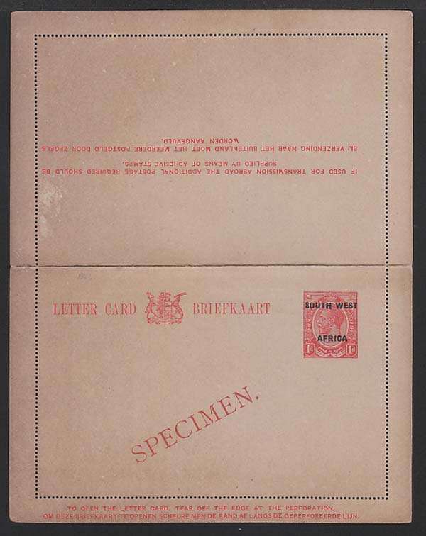 SOUTH WEST AFRICA 1923 1d KINGS HEAD LETTER CARD OVERPRINTED SPECIMEN UNUSED. H&G 1. SEE DESCRIPTION