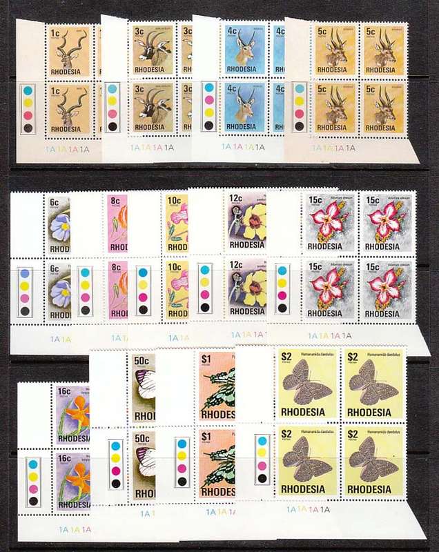 RHODESIA 1974-76 DEFINS 1c TO $2 SELECTION OF CONTROL BLOCKS WITH BROWN OR WHITE GUM VERY FINE MNH