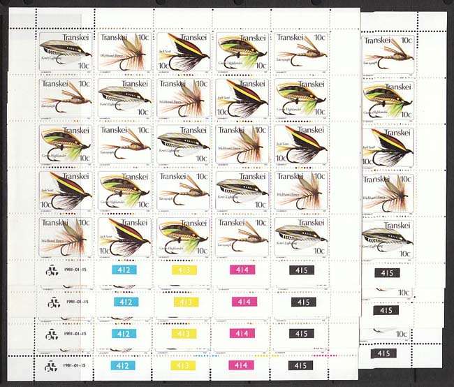 TRANSKEI FISHING FLY SHEETLETS RANGE COMPRISING 1981 ISSUE 7 SHEETS AND 1982 2 SHEETS VERY FINE MNH