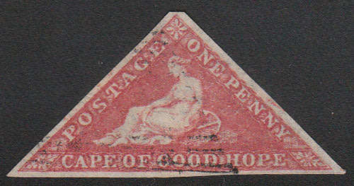 CAPE OF GOOD HOPE 1855-63 TRIANGULARS 1d PALE ROSE FINE USED WITH LARGE MARGINS. SACC 5a R8000