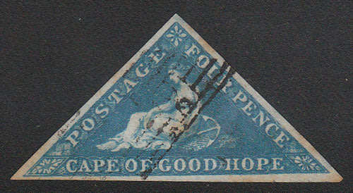 CAPE OF GOOD HOPE 1855-63 TRIANGULARS 4d DEEP BLUE USED WITH LARGE MARGINS. SACC 6 R1400