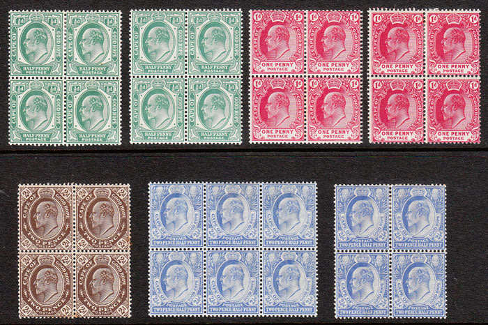 CGH 1902 KEVII RANGE TO 2½d IN BLOCKS MOSTLY FINE MM/MNH. SACC 65-68 CAT R3500+