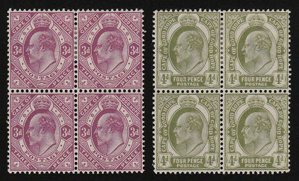 CGH 1902 KEVII 3d AND 4d IN BLOCKS OF 4 MINT/MNH. SACC 69/70 CAT R3540