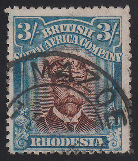 RHODESIA 1913 ADMIRALS DIE II PERF 15 THE SCARCE 3s CHOCOLATE AND BLUE FINE USED. SACC 250 R7000