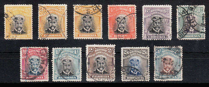 RHODESIA BSAC 1913 ADMIRALS DIE II PERF 14 SELECTION 3d TO 3s GOOD/FINE USED. SACC CAT R7000
