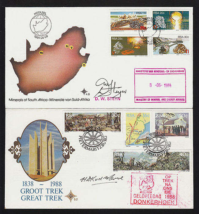 RSA 1984 MINIRALS FDC SIGNED BY MINISTER D.W. STEYN AND 1988 FDC 5.2 SIGNED HDK vd MERWE DONKERSHOEK