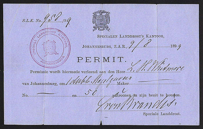 TRANSVAAL 1899 PERMIT TO ALLOW OWNER TO CARRY DOUBLE BARREL SHOTGUN AND 50 ROUNDS OF AMMUNITION