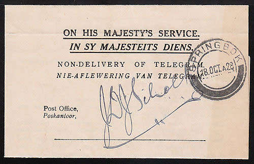 SOUTH AFRICA 1928 LOVELY OHMS NON DELIVERY OF TELEGRAM ENTIRE SPRINGBOK CANCEL