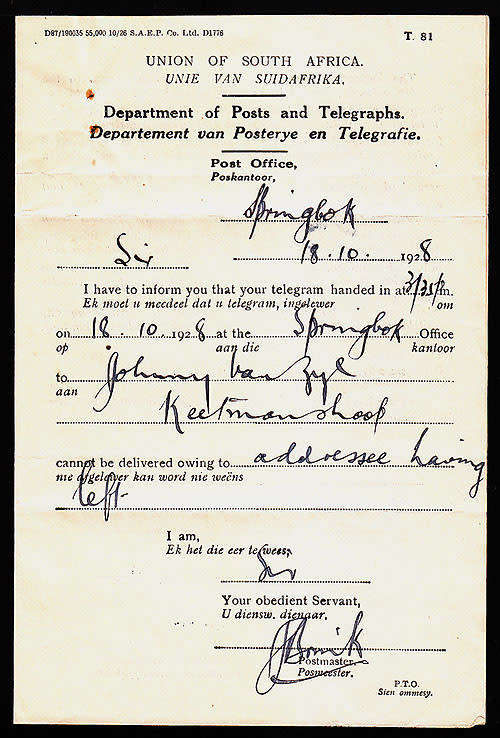 SOUTH AFRICA 1928 LOVELY OHMS NON DELIVERY OF TELEGRAM ENTIRE SPRINGBOK CANCEL