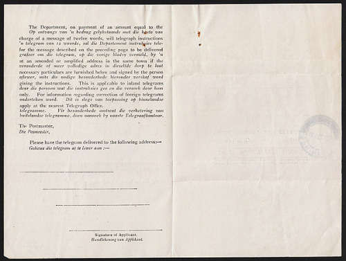 SOUTH AFRICA 1928 LOVELY OHMS NON DELIVERY OF TELEGRAM ENTIRE SPRINGBOK CANCEL