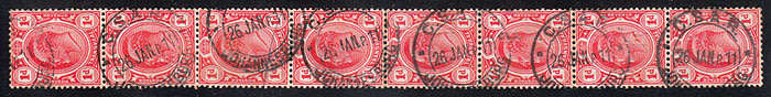 SOUTH AFRICA TRANSVAAL 1911 SCARCE C.S.A.R. JOHANNESBURG RAILWAY CANCEL ON STRIP OF 8