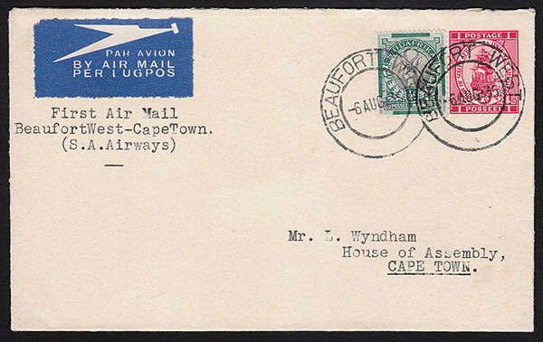 SOUTH AFRICA 1935 FIRST AIRMAIL COVER FLOWN BY SAA BEAUFORT WEST CAPE TOWN