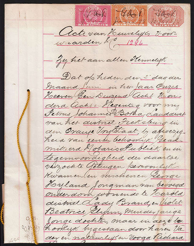 ORANGE FREE STATE 1898 MARRIAGE CONTRACT WITH £2, 10s AND 5s REVENUE STAMPS, PERFED AND SIGNED
