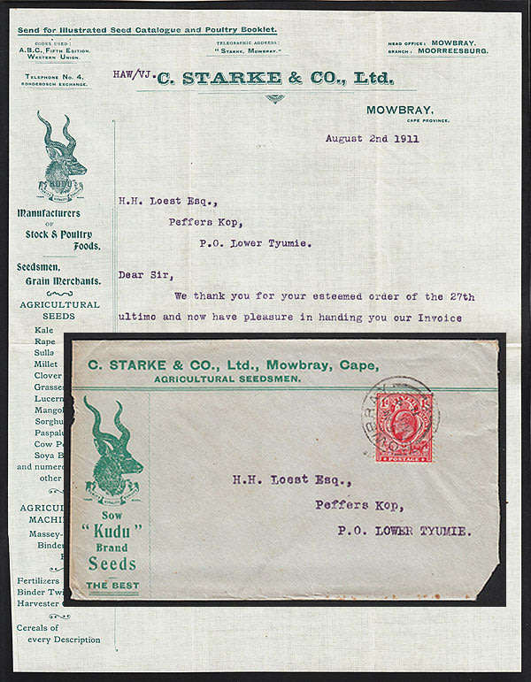 SOUTH AFRICA 1911 LOVELY KUDU ILLUSTRATED COVER WITH CONTENTS FRANKED OFS 1d CANCELLED MOWBRAY