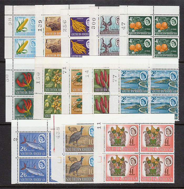 S RHODESIA 1964 QEII SET (NO 5s) TO £1 IN SHEET # BLOCKS VF MNH 10s FEATHER VAR R4740+++ VERY SCARCE