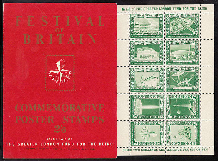 1951 FESTIVAL OF BRITAIN FOLDER WITH COMPLETE SHEET OF GREEN POSTER STAMPS VERY FINE MNH
