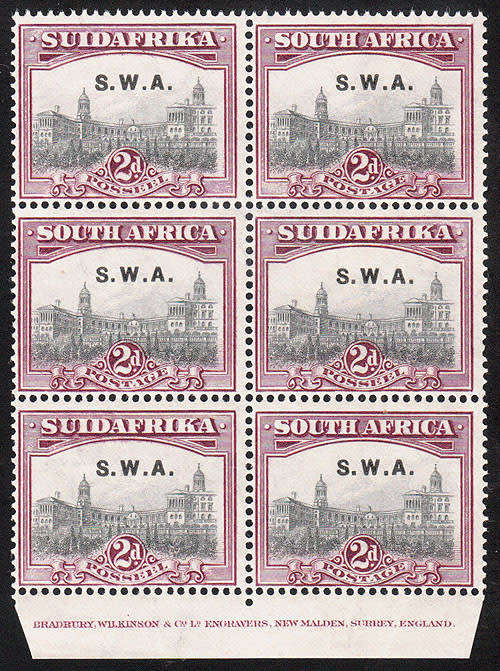 SOUTH WEST AFRICA 1927 SWA OVPTS 2d PERF 14 IMPRINT BLOCK OF 6 VERY FINE MNH SACC 83