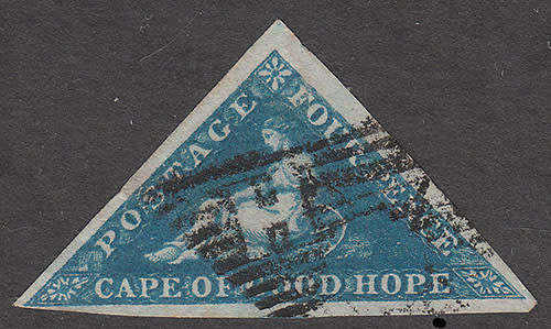 CAPE OF GOOD HOPE 1855 TRIANGULARS 4d BLUE WITH ALMOST FULL LARGE MARGINS FINE USED SACC 6a R1600