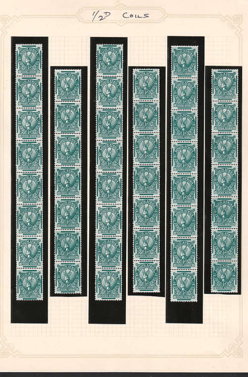 SOUTH AFRICA 1943 COILS ½d AND 1d ACCUMULATION OF STRIPS ON 3 PAGES MNH. ALL FINE SCREEN