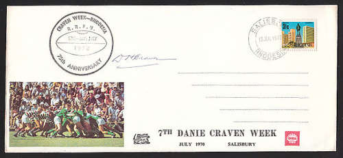 RHODESIA 1970 7th DANIE CRAVEN WEEK RUGBY COVER SIGNED BY DR. DANIE CRAVEN. FINE AND VARY SCARCE
