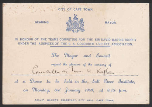 1949 INVITATION TO A DANCE UNDER AUSPICES S.A. COLOURED CRICKET ASSOCIATION CITY OF CAPE TOWN