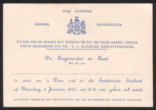 1949 INVITATION TO A DANCE UNDER AUSPICES S.A. COLOURED CRICKET ASSOCIATION CITY OF CAPE TOWN