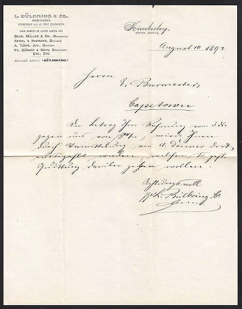 CAPE OF GOOD HOPE 1892 BURMESTER CORRESPONDENCE WITH CONTENT EX KIMBERLEY TO CAPE TOWN