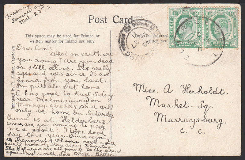 CGH 1911 SCARCE `SOMERSET WEST` LARGE SKELETON POSTMARK  ON POSTCARD WITH KEVII ½d PAIR STAMPS