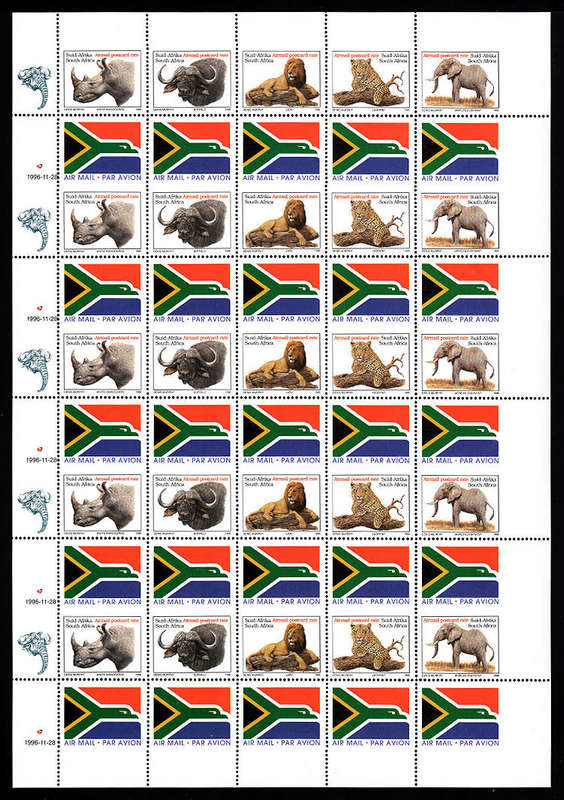 SOUTH AFRICA 1996 12 28 BIG FIVE WITH AIRMAIL LABEL SHEET OF 25 VERY FINE MNH. SACC 995var CAT R1000