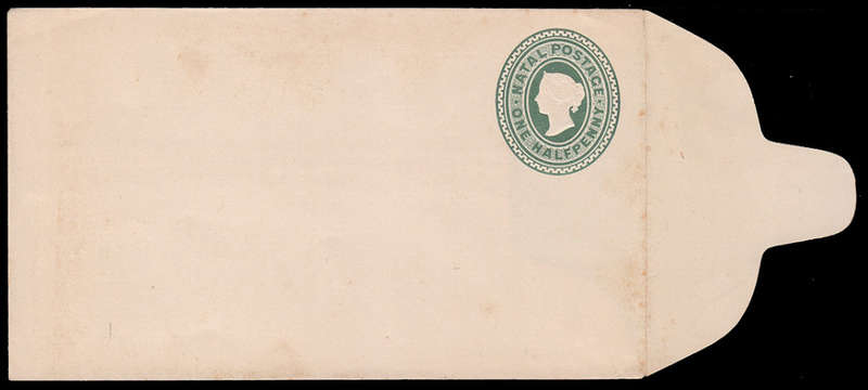 NATAL 1901 POSTAL STATIONERY ENVELOPE ½d GREEN WITH COMPLETE OFFSET OF Q HEAD ON INSIDE. RARE