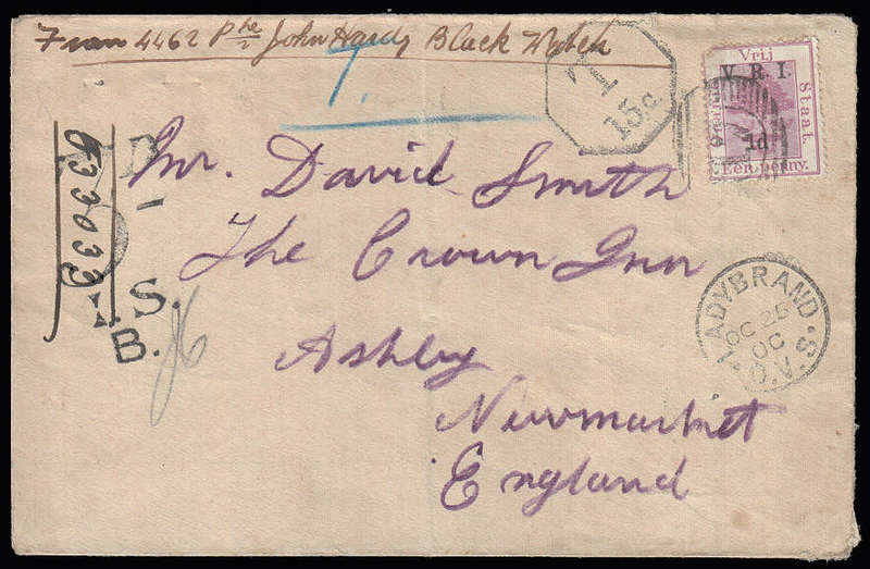 BOER WAR 1900 OFS FRANKED 1d WITH LADYBRAND NUMERAL CANCEL 17 PROVING COVER ADDRESSED TO UK. TAXED