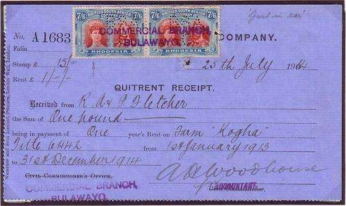 Rhodesia Double Heads Rare 7/6 Pair with GASH IN EAR Variety on Quitrent Receipt.