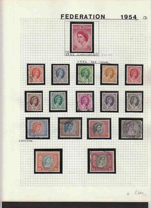 RHODESIA NYASALAND 1953-60 USED PLUS MINT RANGE ON ALBUM PAGES. CAT R850