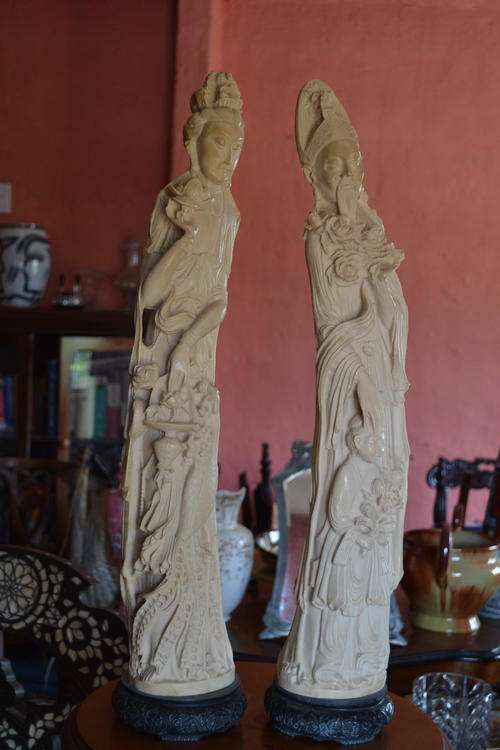 VERY LARGE TUSK SIZE PAIR ORIENTAL RESIN FIGURES SIGNED