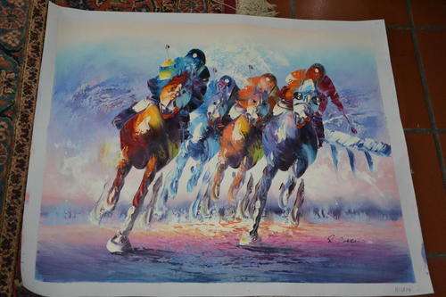 UNFRAMED ABSTRACT OIL PAINTING JOCKEYS ON HORSEBACK