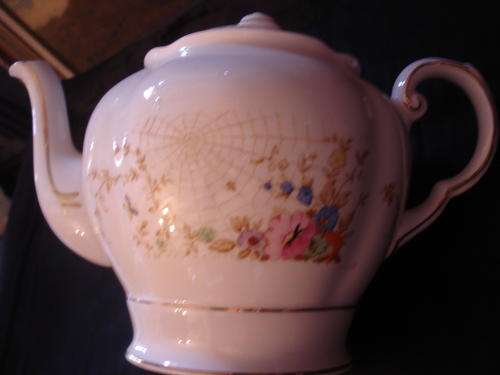 PRETTY PALE PINK PLANT TUSCAN CHINA TEAPOT WITH SPIDER WEB
