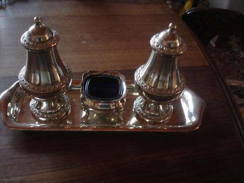 SILVER PLATED CONDIMENT SET ON TRAY