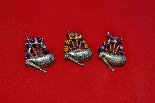 3 SCOTTISH BAGPIPE BROOCHES CITRINE & AMETHYST COLOURED STONES