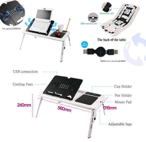 Laptop Desk Foldable Table e-Table Bed with USB Cooling Fans Stand