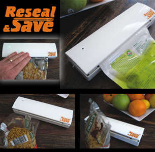 RESEAL & SAVE, reseals all plastic bags AIRTIGHT & WATERTIGHT FAST