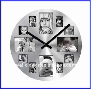 Silver Wall Clock with 12 Picture Frames