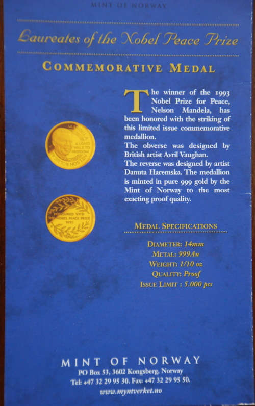 Nelson Mandela Commemorative Medal 1/10 OZ Gold Coin Mint of Norway