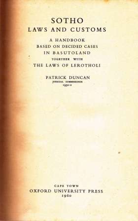LAW AFRICANA Sotho Laws and Customs by Patrick Duncan AFRICANA