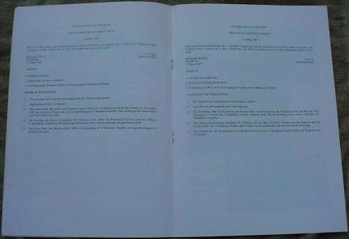 32 Battalion Right of Admission to Vryburg program for 3/4/1993 (SADF 32 Bn - Buffalo Battalion)