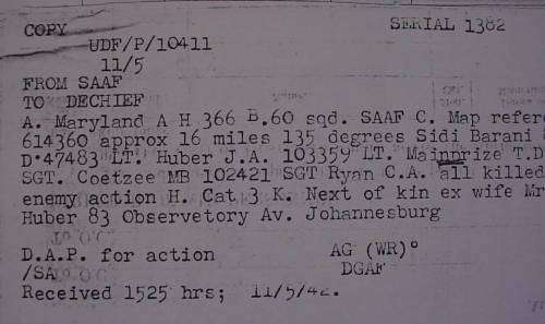 SAAF Death Plaque, 39-45 & Africa Stars, War & Africa Service Medals to Lt T.D.Mainprize - Rhodesian