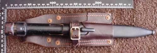 South African Army FAL FN-R1 socket bayonet in scabbard, with bayonet frog Union of SA stamp