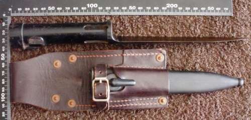 South African Army FAL FN-R1 socket bayonet in scabbard, with bayonet frog Union of SA stamp
