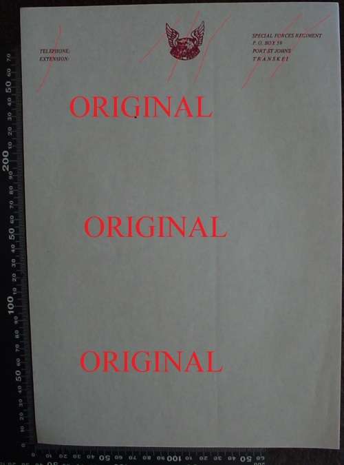 Transkei Special Forces Regiment typing paper with letterhead, original (Winged Leopard)