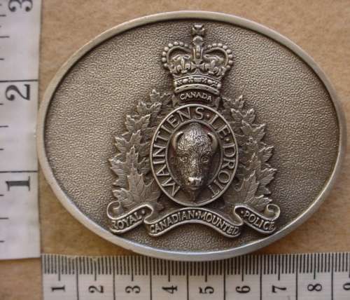 Royal Canadian Mounted Police belt buckle, made in the USA for Gandalf Inc, Surrey, British Columbia