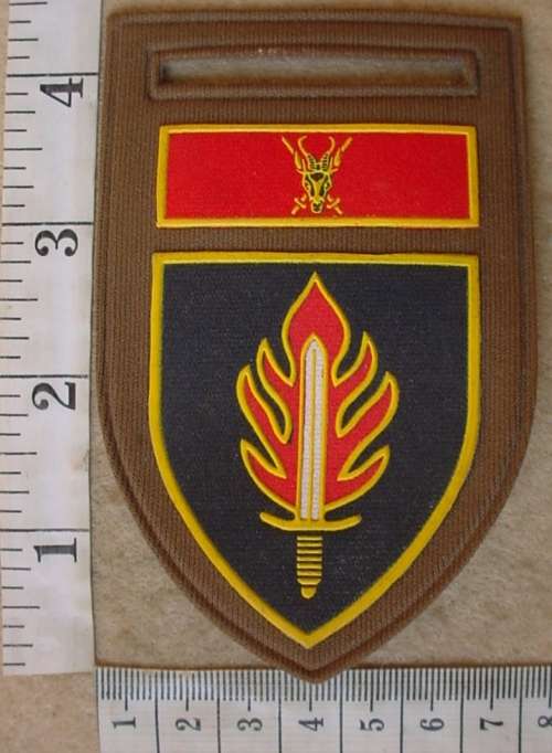 SA Army Intelligence School arm flash, CSADF balkie, pin intact, retired Lt Col (11 Commando)